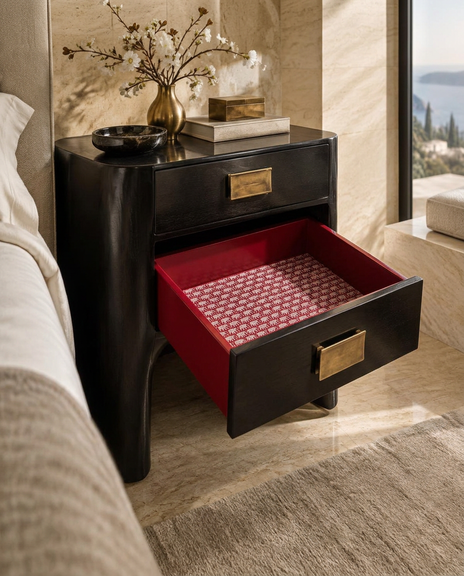Black drawer opening to a rich Alabama crimson interior
