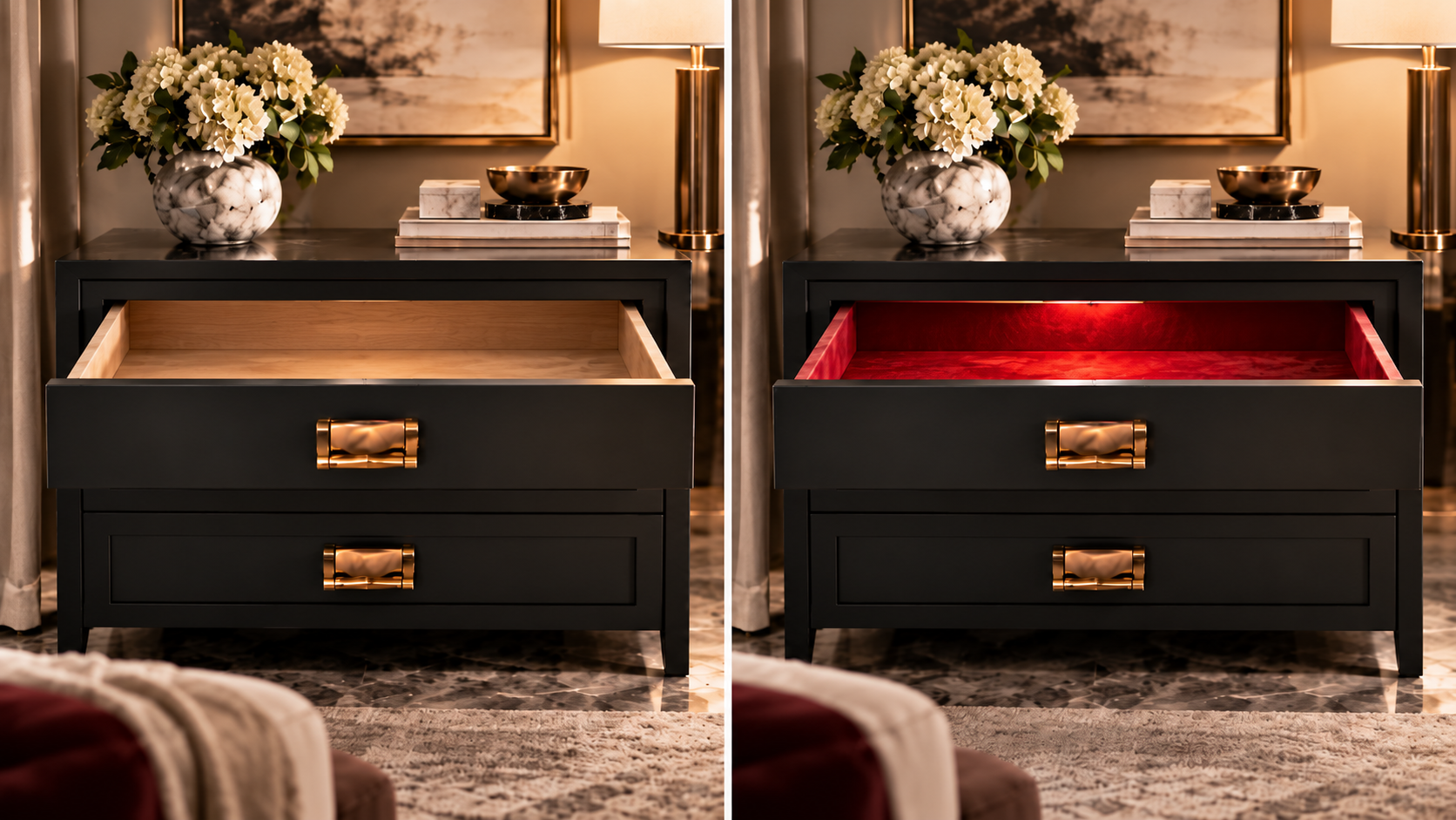 Before: the same black nightstand with a plain natural wood drawer interior