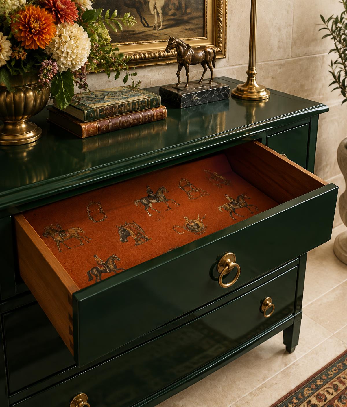 Forest green drawer with an orange equestrian-inspired interior