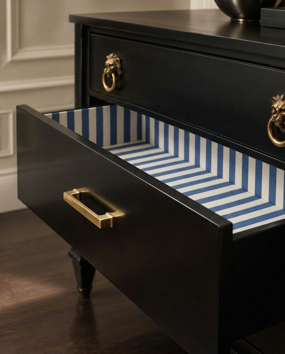 Black drawer opening to a tailored French blue and white striped interior