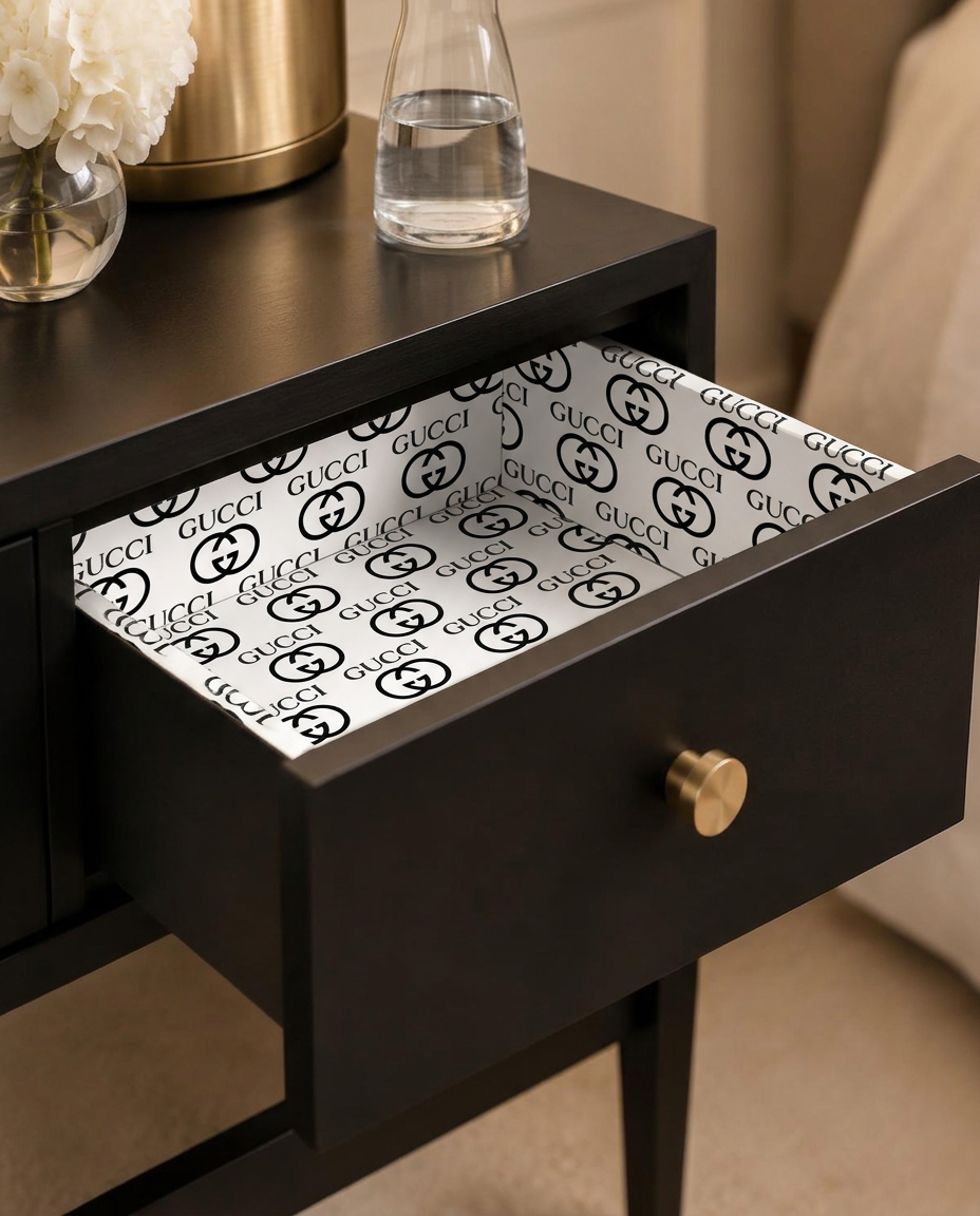 Black drawer opening to a black-and-white designer-inspired geometric interior